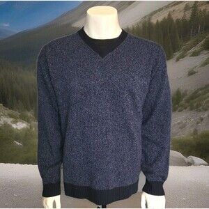 Structure V-Neck Marled Wool Sweater Blue Lambswool Men’s L Relaxed